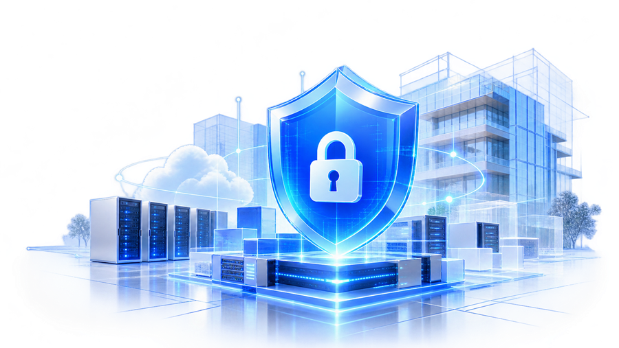 Escudo de seguridad sobre servidores, nube y edificio